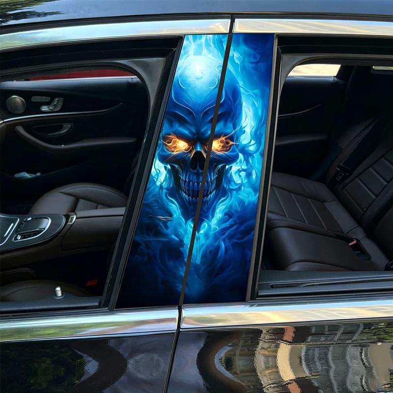 Waterproof Car B-Pillar Vinyl Sticker Skull Rose Fire Pattern Central Column Decor Decal Universal Accessory