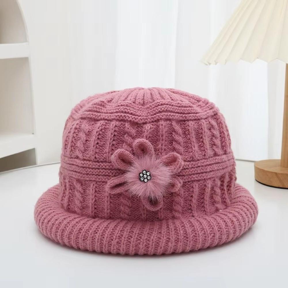 Plush Floral Knitted Bucket Hat Flower Warm Fisherman Hat Retro Woolen Hat Autumn and Winter