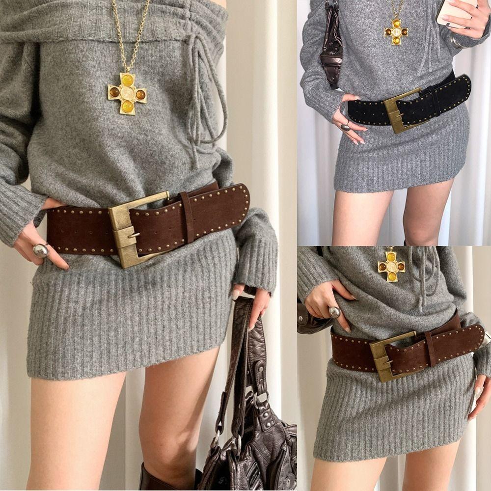 Y2k Rivet Waist Belt Pin Buckle Ultra-wide Waistband Women Coat Skirt Decoration