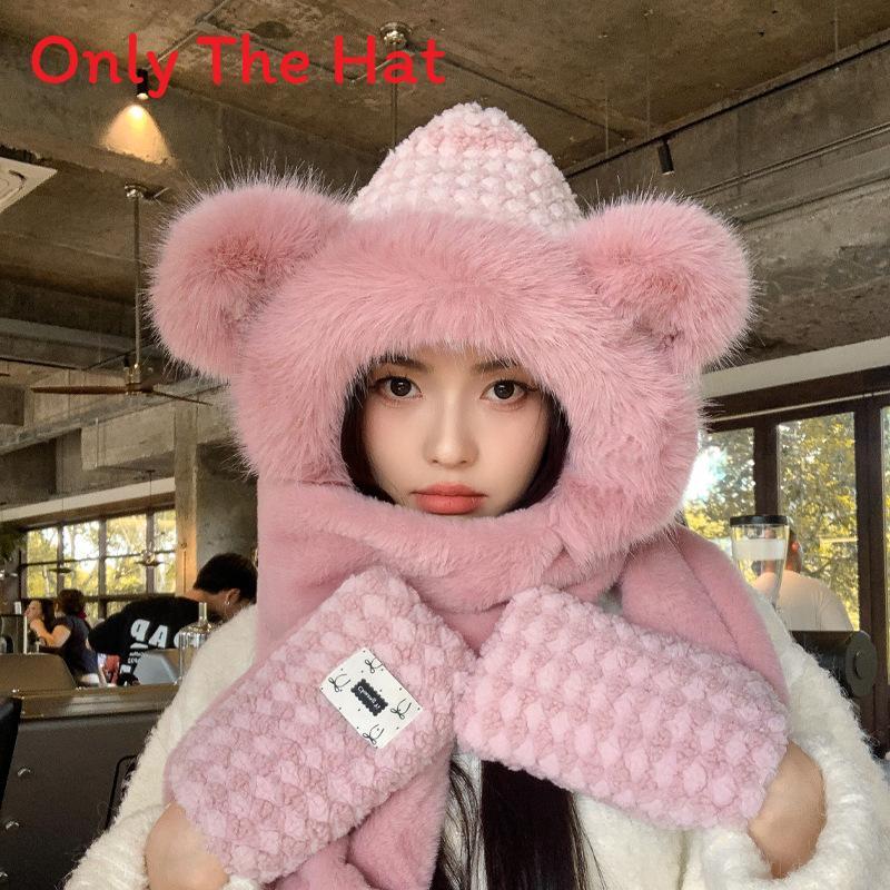 

Winter Plush Hat With Neck Warmth For Women Fashionable Cozy Ear Covering рожевий