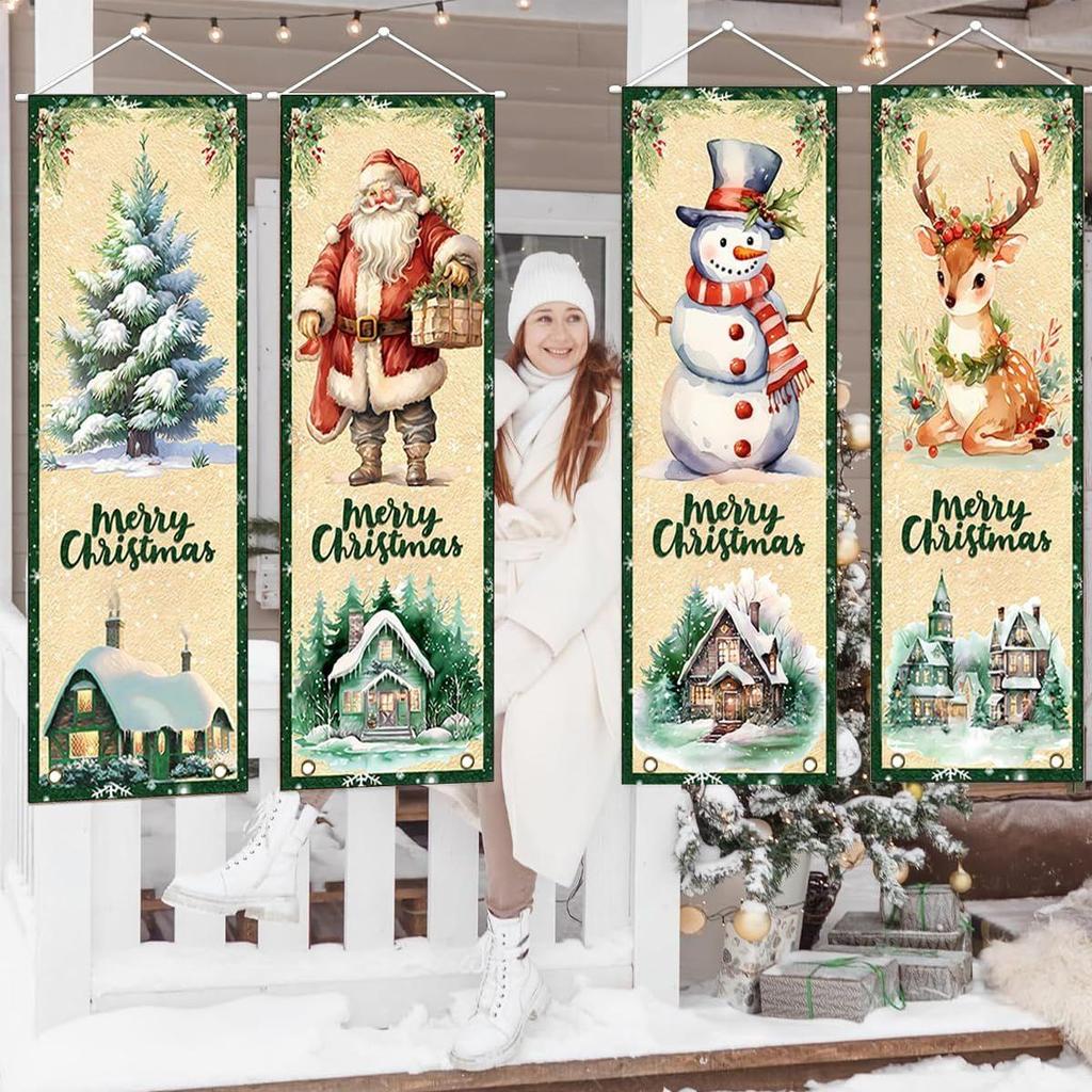 4Pcs Christmas Banners Porch Signs Decor Xmas Hanging Banner Backdrop Decorations Christmas Tree Santa Snowman Elk Hanging