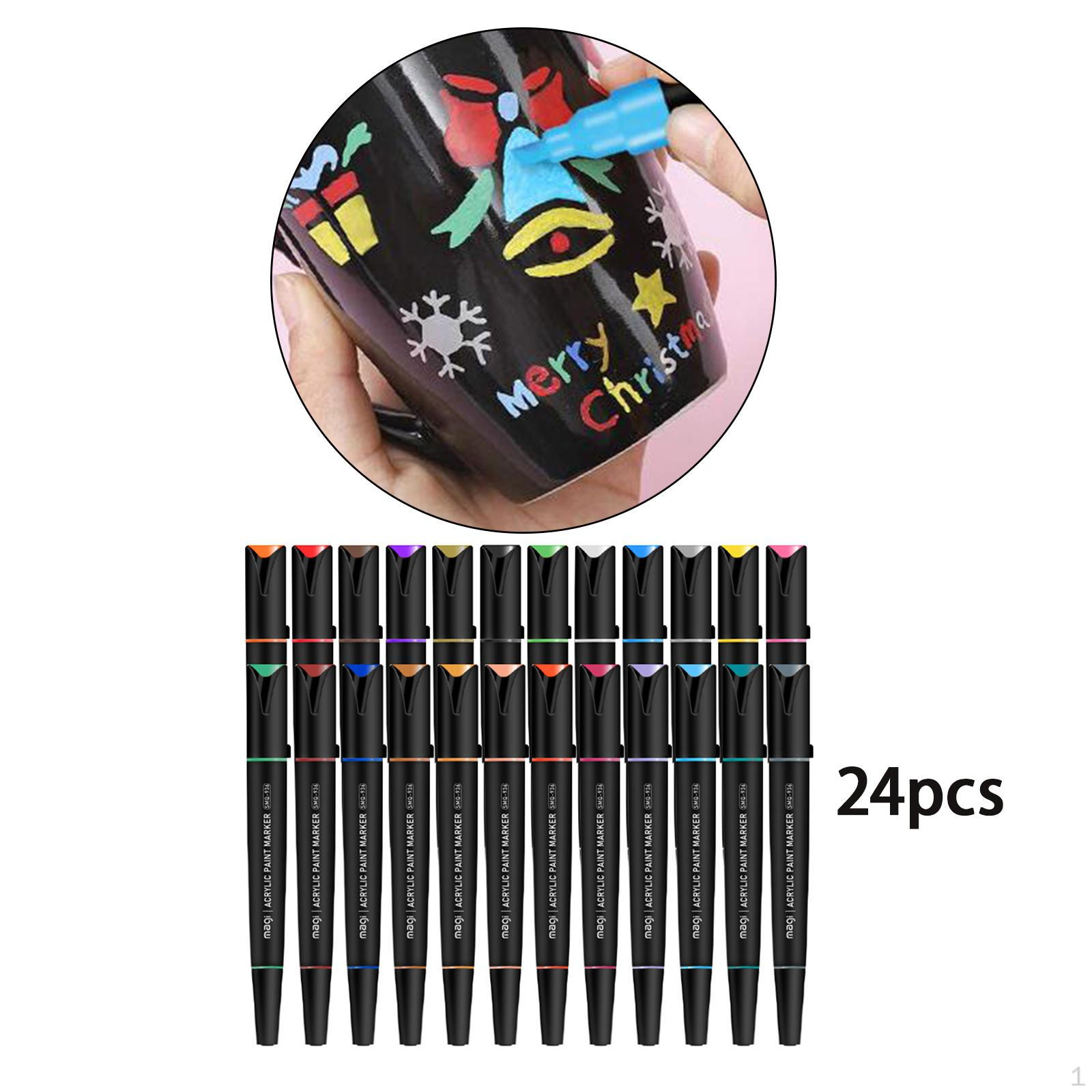Acrylic Pens Kit Double-Ended Marker Quick-Drying for Writing Rock Pebble 24 Colors