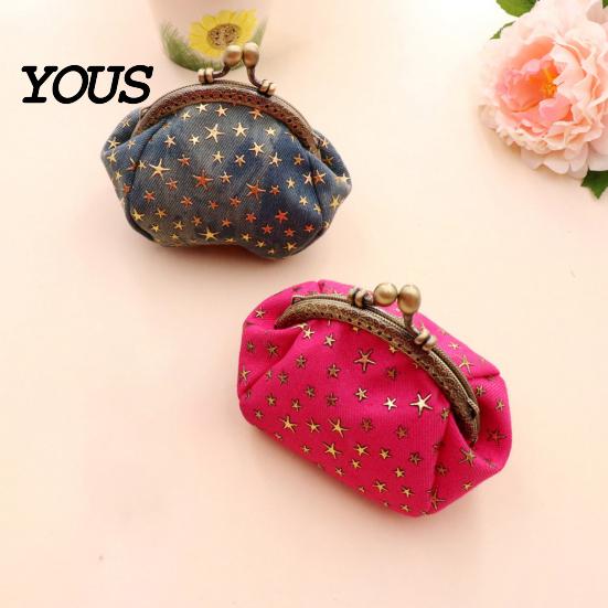 Slim Wallet Five-Pointed Star Coin Purse, Mini Kiss-Lock Change Vintage Denim Trinket Pouch for Women Ladies Purse