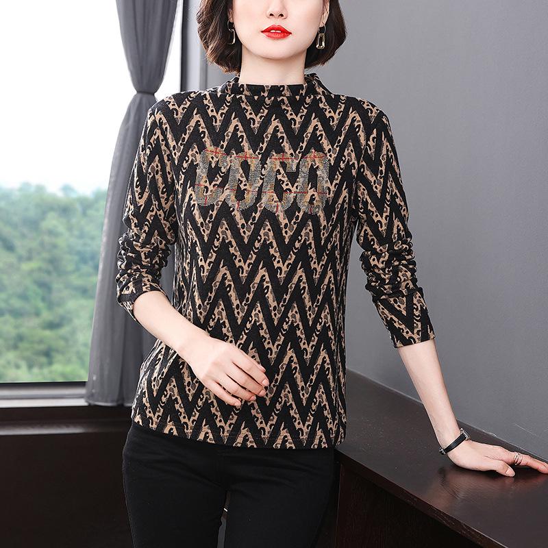 2022 Autumn/Winter Diamond Accent Plus Size Long Sleeve Half-Turtleneck Top for Women