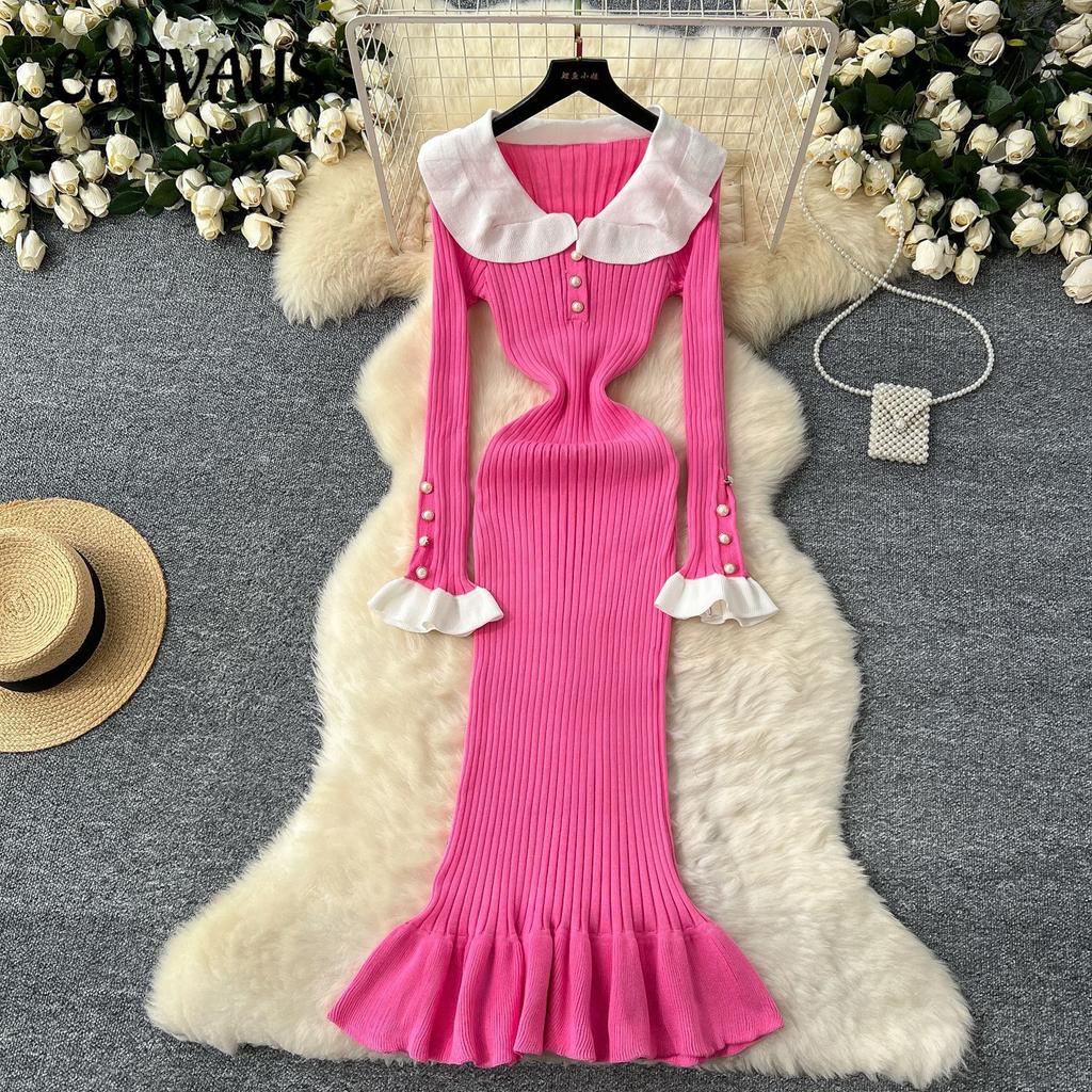 Knitted Dress Women's Autumn and Winter French Retro Color Collision Doll Collar Single-breasted Waist Slim Fishtail Long Dress