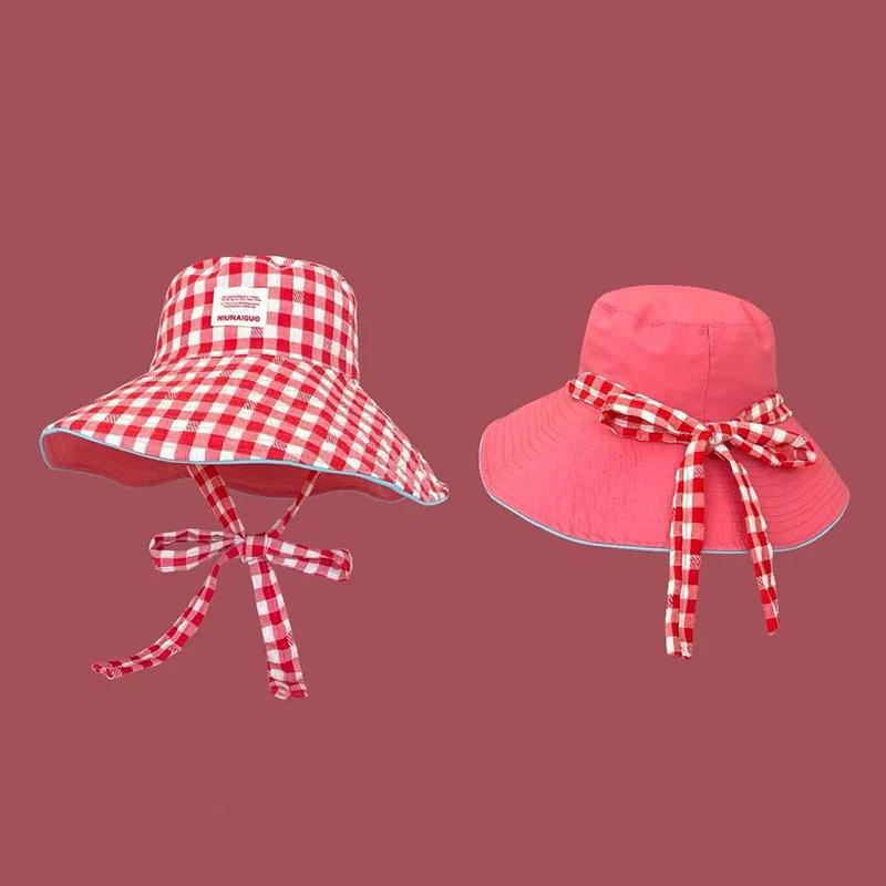 Double-sided Plaid Wide-edged Lace-up Bucket Hat Summer Outdoor Versatile Sunscreen Sweet Contrasting Color Plaid Women's Caps