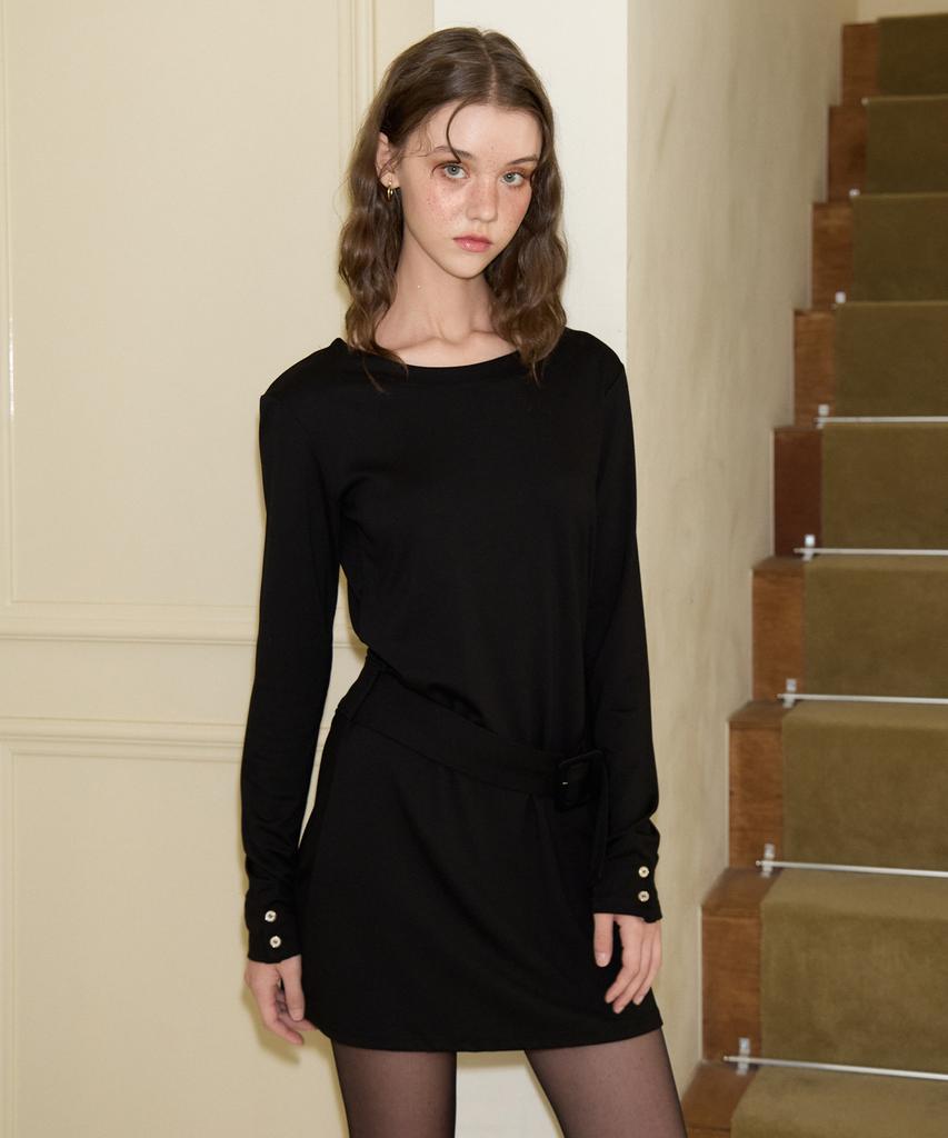 Salon De Yon Back Point Belted Mini Dress_ Black
