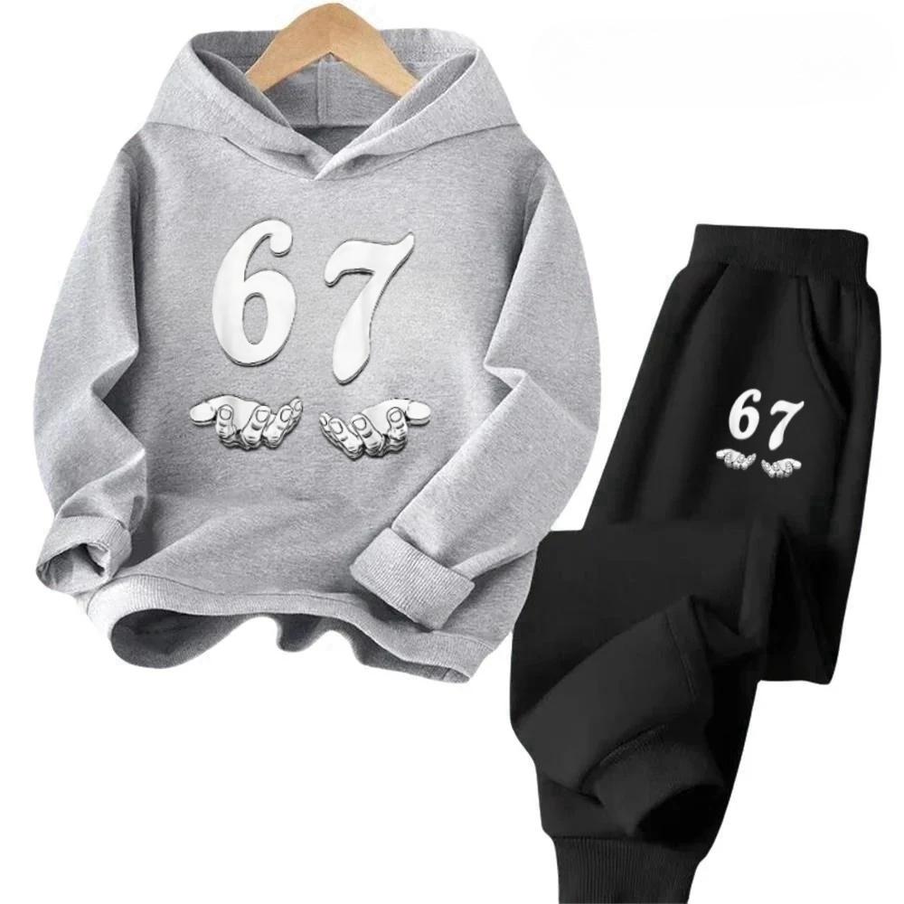 67 Fun Kids Set Cartoon Print Tracksuit Casual Fashion Outfit Children's Hoodies Set Fashion Trend Set Pants Suits
