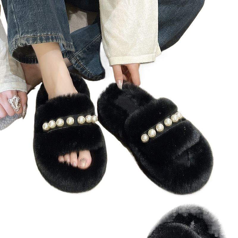 Mao Mao slippers women's wear 2025 autumn and winter new Internet celebrity fashion pearl thick bottom home one-word cotton slippers