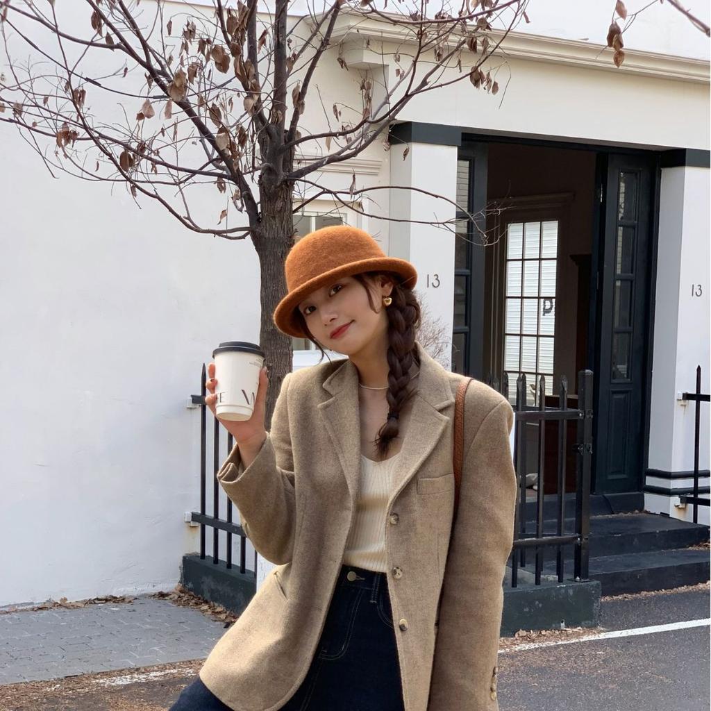Solid Color Rolled Edge Wool Fisherman Hat Women's Autumn and Winter High End Hat Face Showing Top Hat Dome Casual Basin Hat
