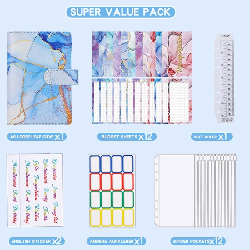 Marble A6 Budget Binder for w/ Budget Sheets Cash Envelopes Bag Colored Label Stickers for Budgeting Cash Budget Organiz