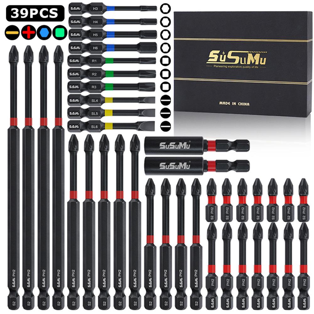 39pcs Screwdriver Bit Set PH2 1/4 Inch Hex Impact Bit Set Non-Slip Screw Driver Hand Tools Magnetic Batch Head Impact Driver Bit