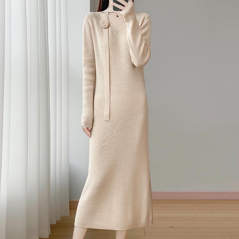2025 A/W Women's Over-the-Knee Knit Dress with Long Sleeve Coat Layer