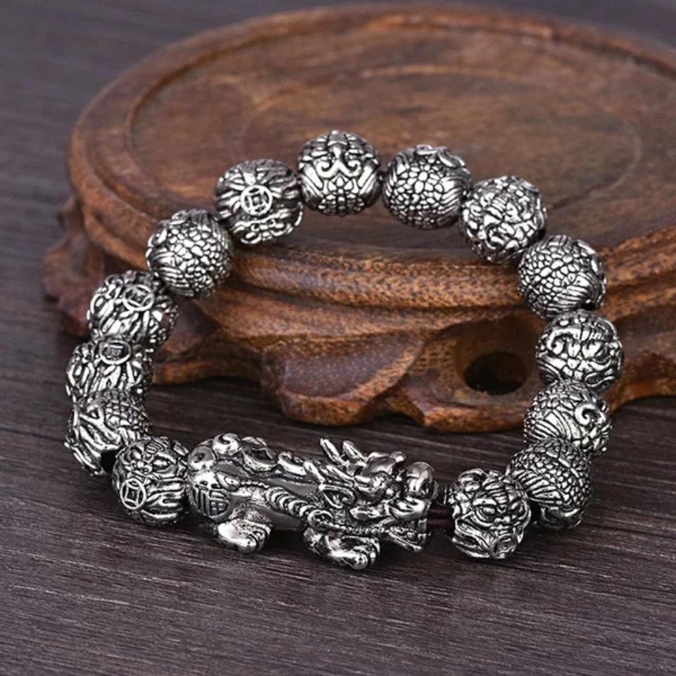 Men's Pixiu Thai Silver Dragon Head Prayer Beads Bracelet