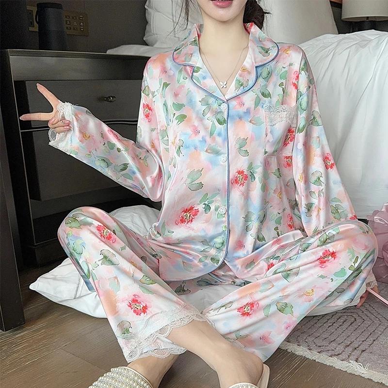 Chinese Style Romantic Art Flower Print Women's Pajamas Elegant Fashion Trend Casual Sleepwear Autumn Lady Homewear
