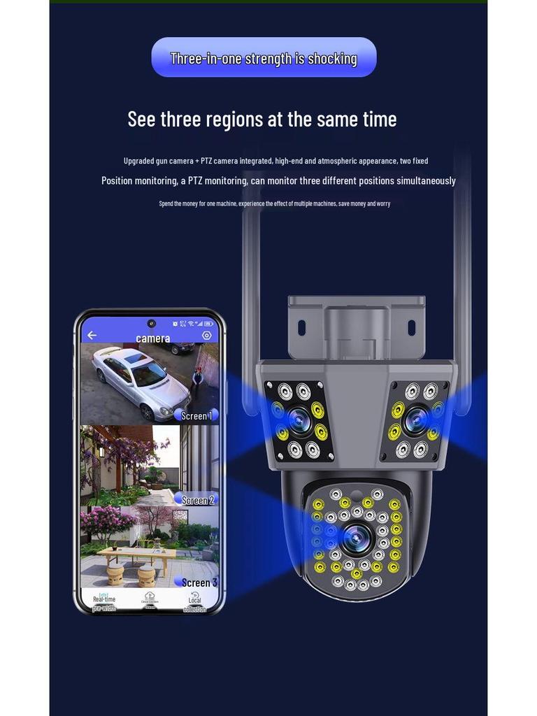 Triple-Lens, Tri-Screen Full-Color Night Vision Outdoor Waterproof Wireless HD Camera