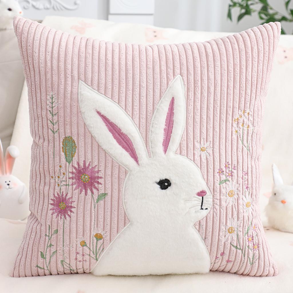 1 Pc Easter Decorative Pillow Cover Rabbit Corduroy Embroidery Plush Spring Summer Gift Living Room Sofa Home Decor