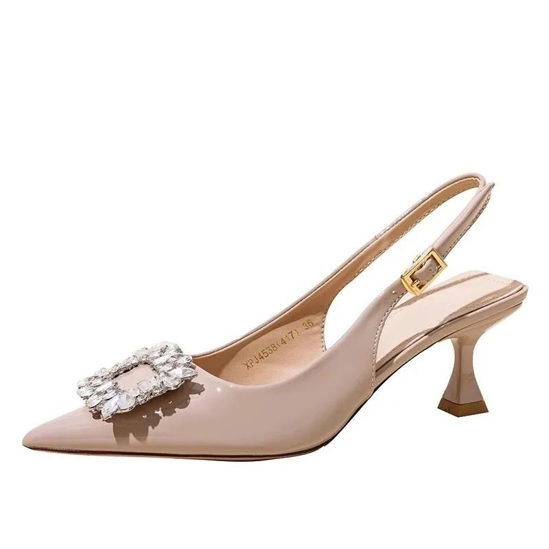 Fashion Summer 2025 New Silver Rhinestone Back Trip Banded Hollow Patent Leather Pointed Toe Stiletto Sandals for Women