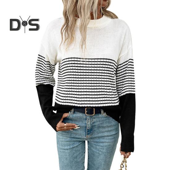 

Женский свитер с круглым вырезом и длинным рукавом, контрастный цвет, вязаные топы, свободный крой, эластичный повседневный трикотаж, повседневная одежда S белый