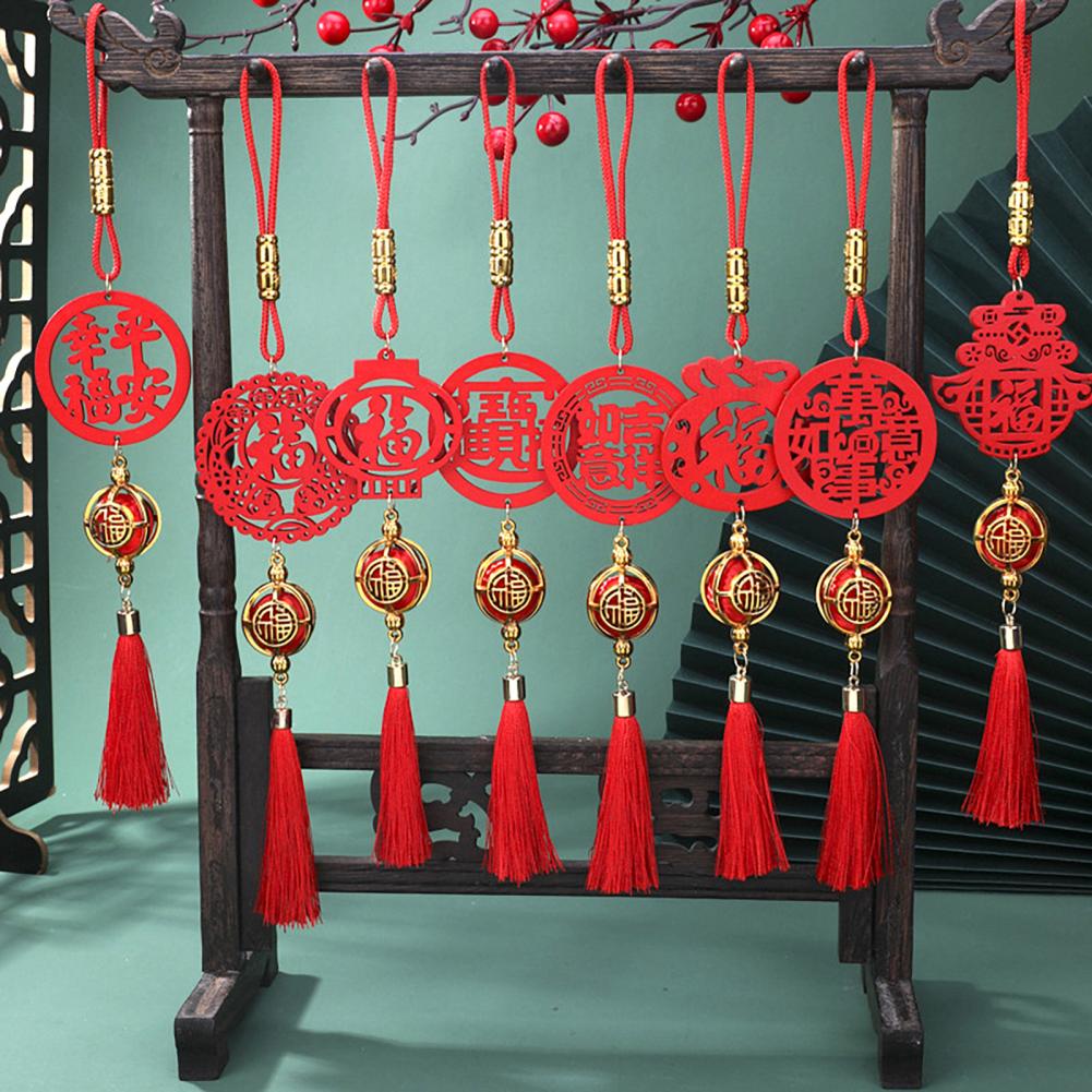 New Year Pendant Wooden Hollow Pendant Chinese New Year Wooden Plaque Ornaments with Tassels Lucky Fu Pendant for Home