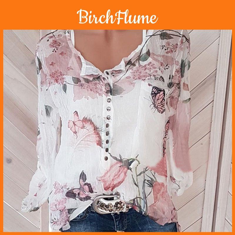 Elegant Women Casual Floral Printed Buttons T-shirt Ladies Chiffon Irregular Tops Blouse