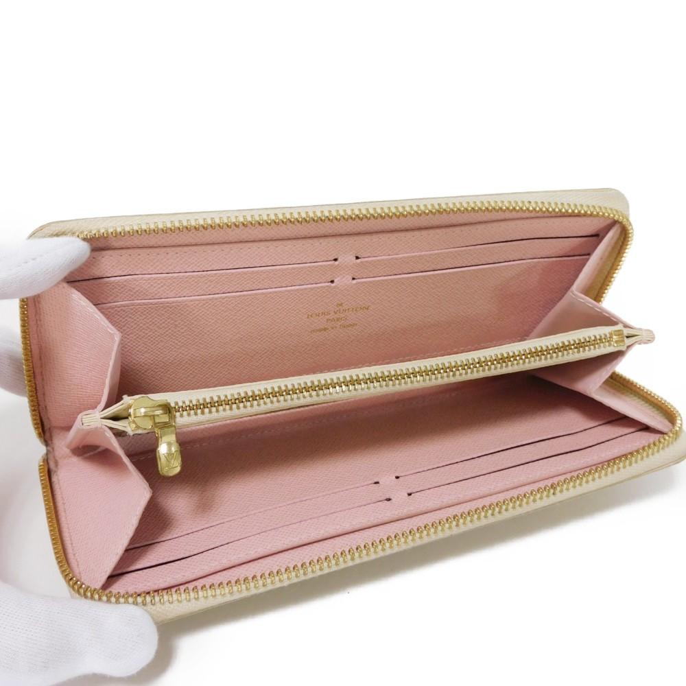 Used 12564 Portefeiulle Clemence N61264 7940 Logo Ivory Zip Around Damier Azur Rose Ballerine for Women from Japan