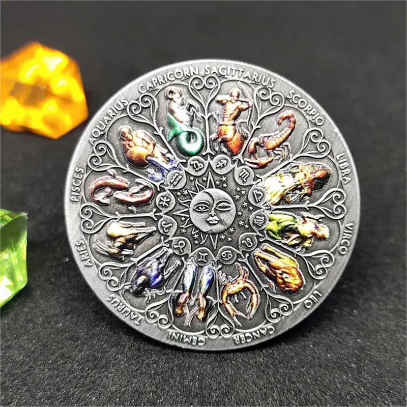 Twelve Constellations Silver Challenge Coin Tuvalu High Relief Antique Silver Coin Colorful Souvenir Coins Collectible Gift Coin