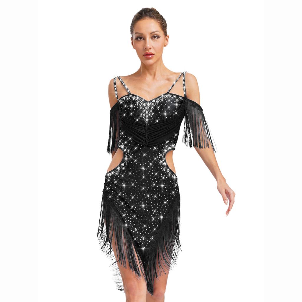 Womens Latin Dance Performance Costume Backless Cutout Design Spaghetti Straps Fringe Rhinestones Dress