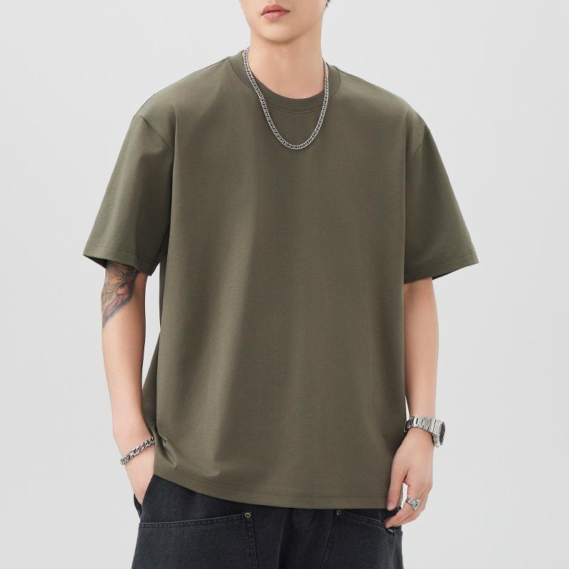 One Tone T-shirt Mens Short Relaxed Fit Versatile Round Neck Five-point Sleeves