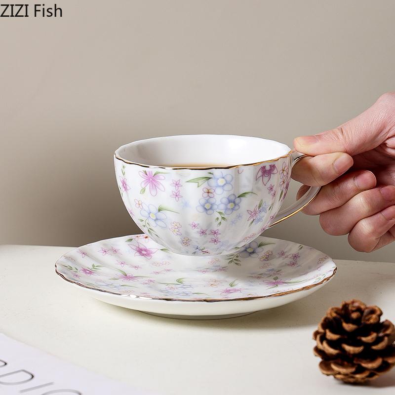 Floral Print Pattern Cup&saucer Gilding Edge Porcelain Coffee Mug Dining Table Flower Mugs Afternoon Tea Teacup Fruits Juice Cup