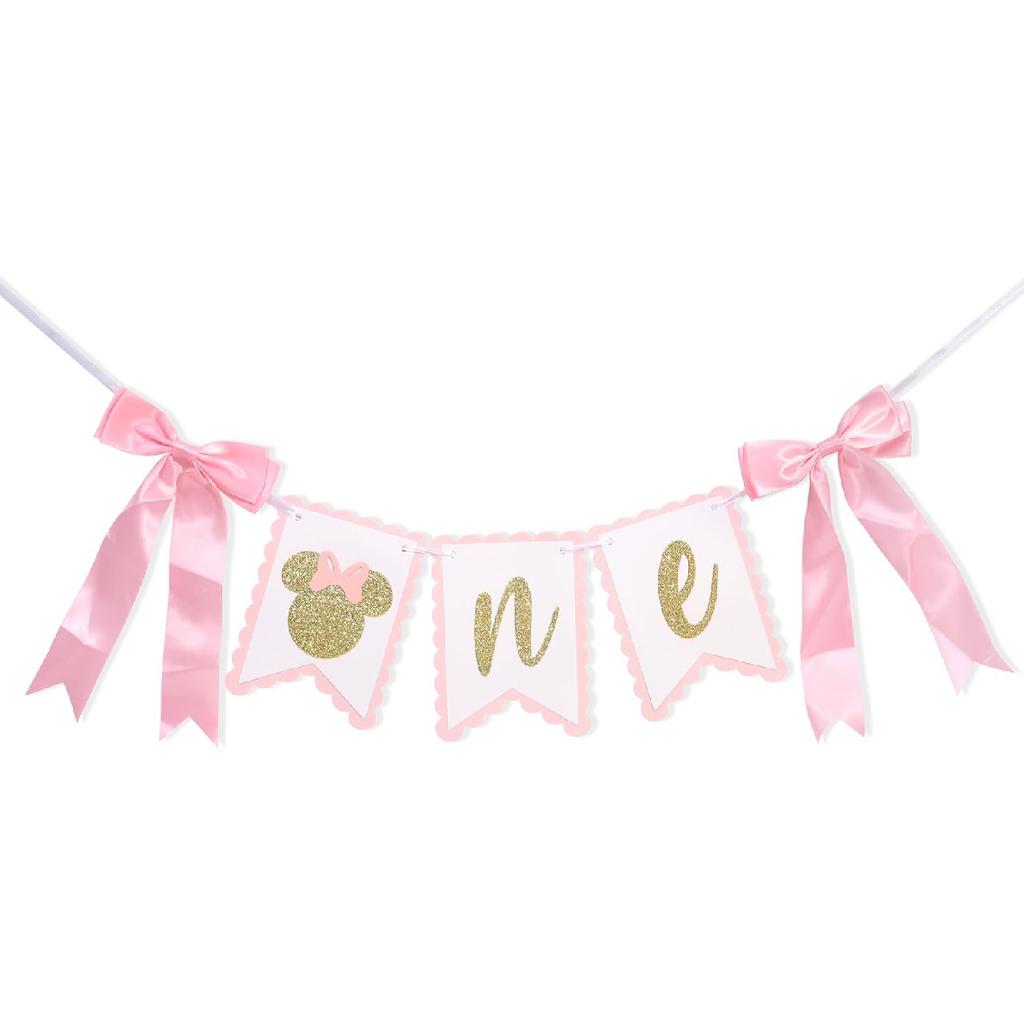 Mouse One High Chair Banner - Mouse First/1st Birthday Decorations,Pink And Gold Banner, Bow Girl 1st Pink Decor (mouse-1)