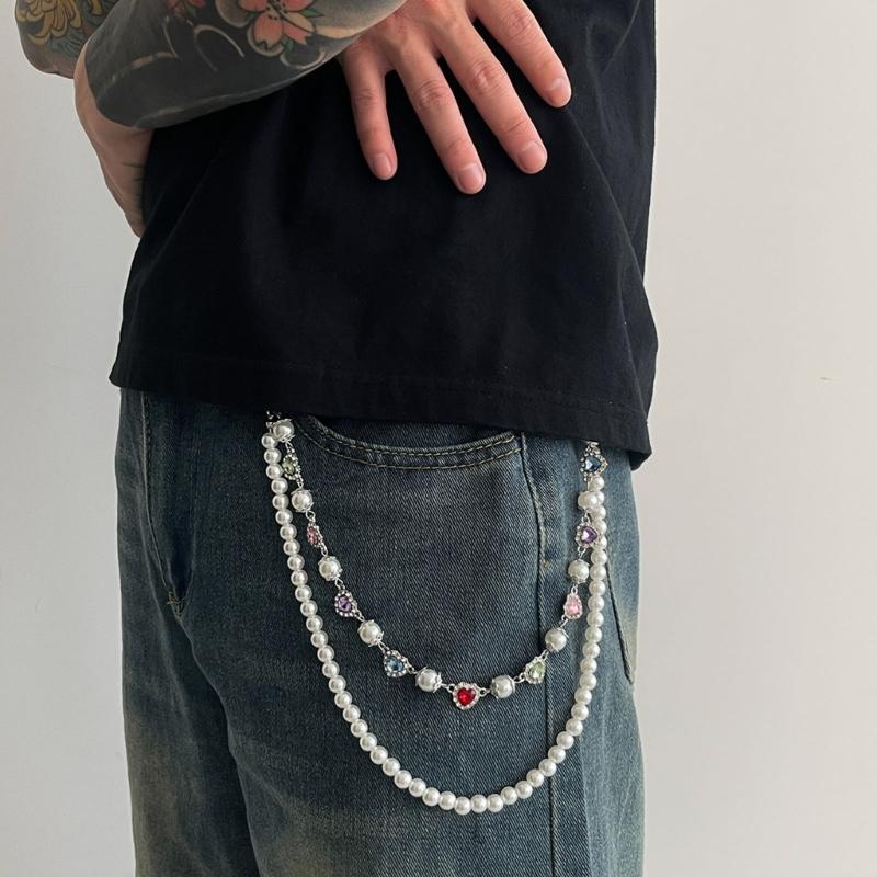 Layered Pants Chain Rhinestones Flower Faux Pearls Accent Punk Style Metal Jeans Chain For Men Women