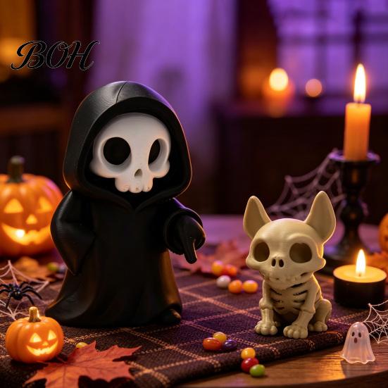 Small Gothic Collectible Figures Halloween Ghost with Skeleton Dog Statues, Skull Resin Niche Dark Aesthetic Room Decor Sculpture Ornaments,
