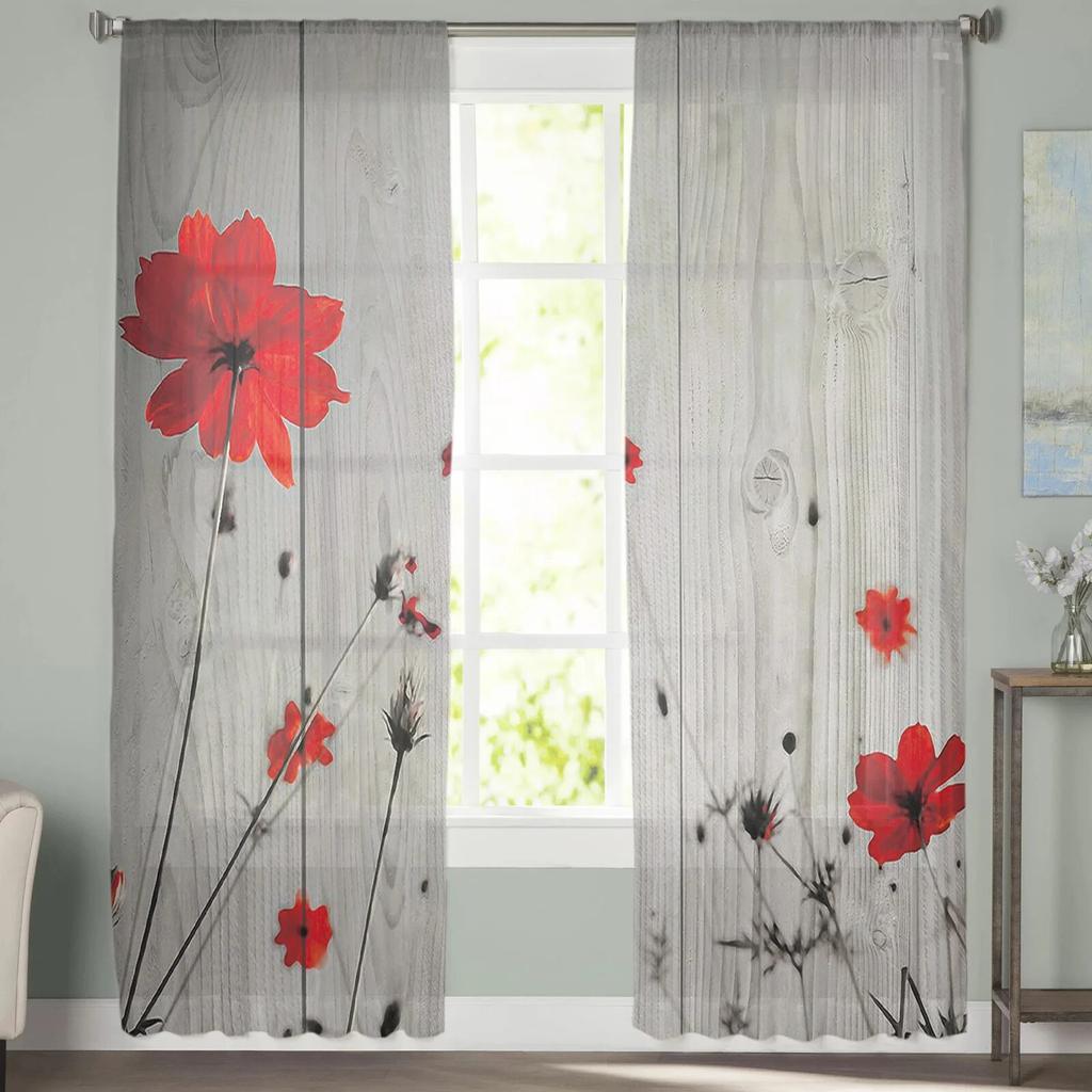 Ungdomssoverom Skjære Gardiner Retro Trefiber Røde Valmuer Kjøkken Arbeidsrom Gardiner Stue Høytidsdekor Tyllgardiner