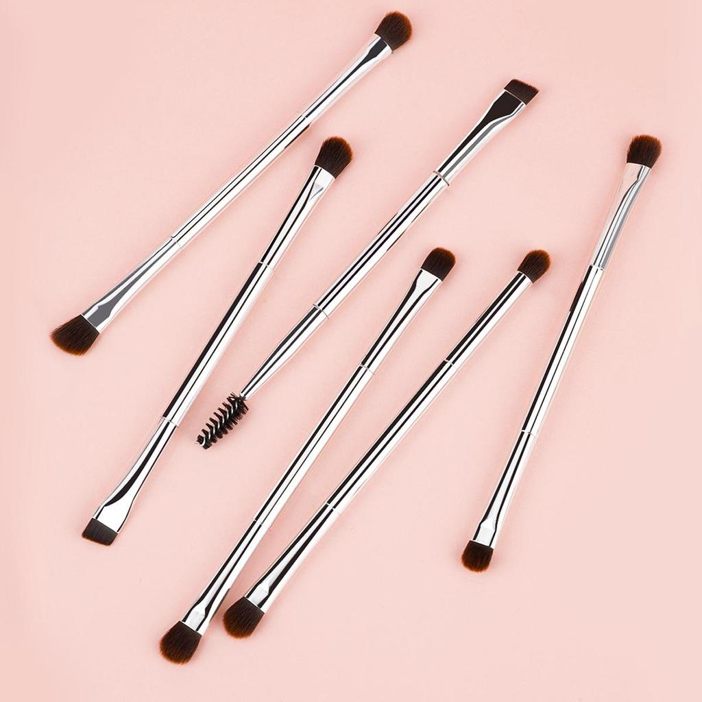 Sleek 6-Piece Silver Makeup Brush Set: Double-Ended Eyeshadow, Blending, Eyebrow Brushes & Dual-Use Brush with Spiral Eyelash Curler