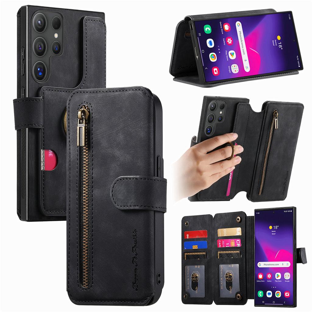 Dragkedja Kortfack Plånbok Läder Ringhållare Plånboksfodral För Samsung Galaxy S25 Ultra S24 Plus S23 A16 A06 A55 A35 A15 Flipfodral