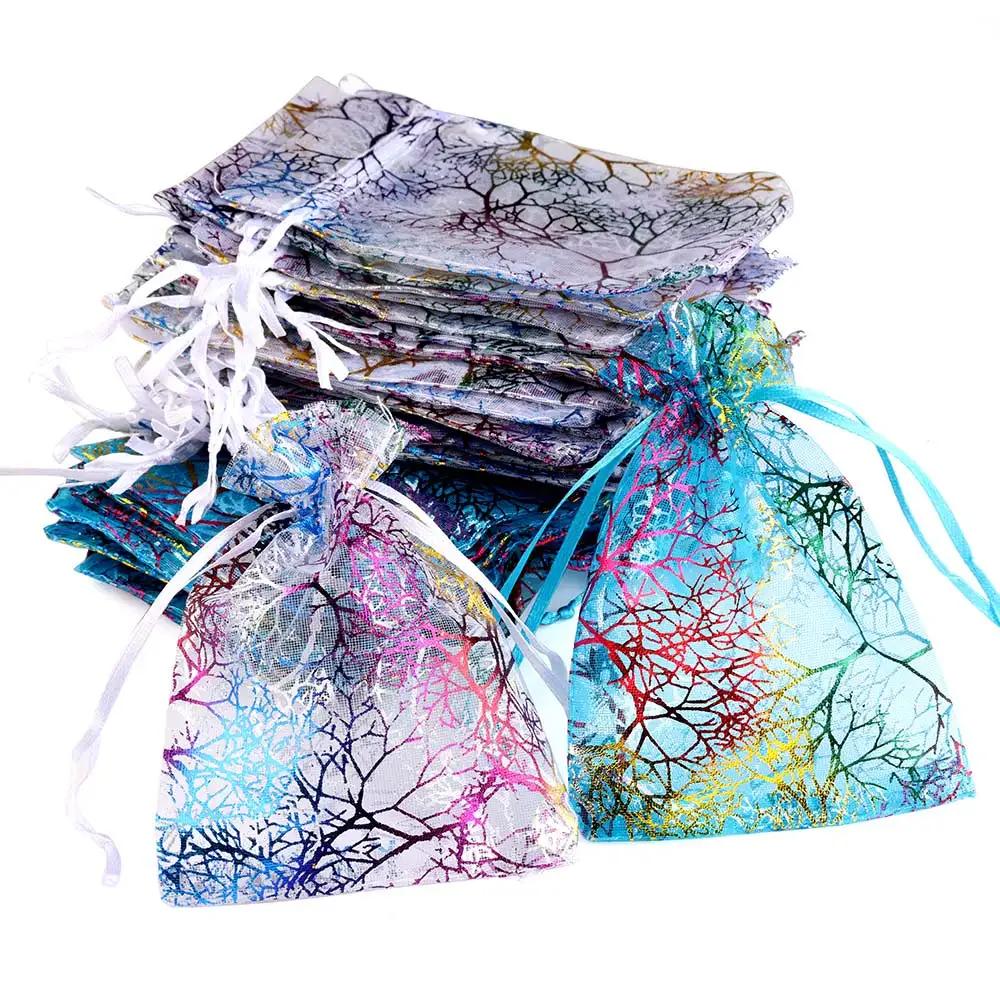 100pcs Organza Gift Bag Jewelry Packaging Drawstring Bag Multi-size Colorful Trees Printing Wedding Candy Bag Party Supplies