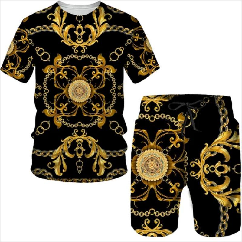 Summer 3D Printed T-shirt Shorts 2-Piece Set Casual Luxury Vintage Gold Pattern Men's Sports Suit 2024 Street Fashion Men's C