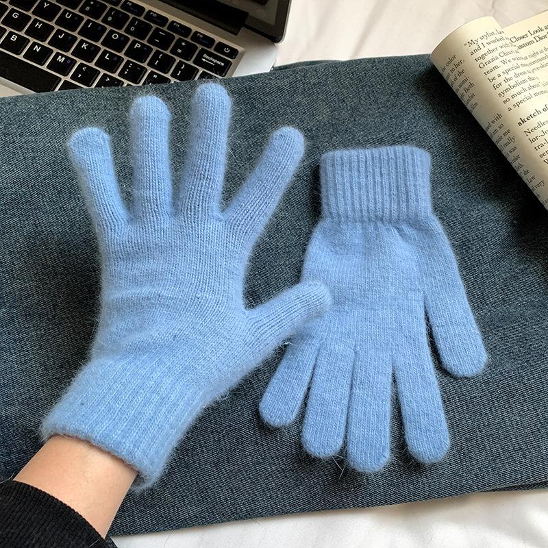 Finger gloves winter women's new thickened warm solid color cute student cycling cold-proof wool gloves women