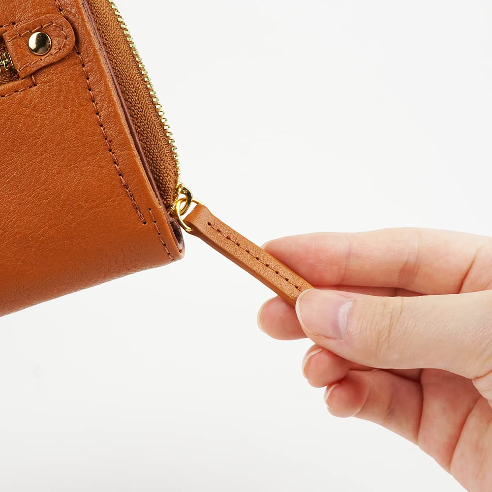 Les.conni Women's Genuine Leather Bifold Wallet with Zip-Around Design, Cowhide Leather, Camel