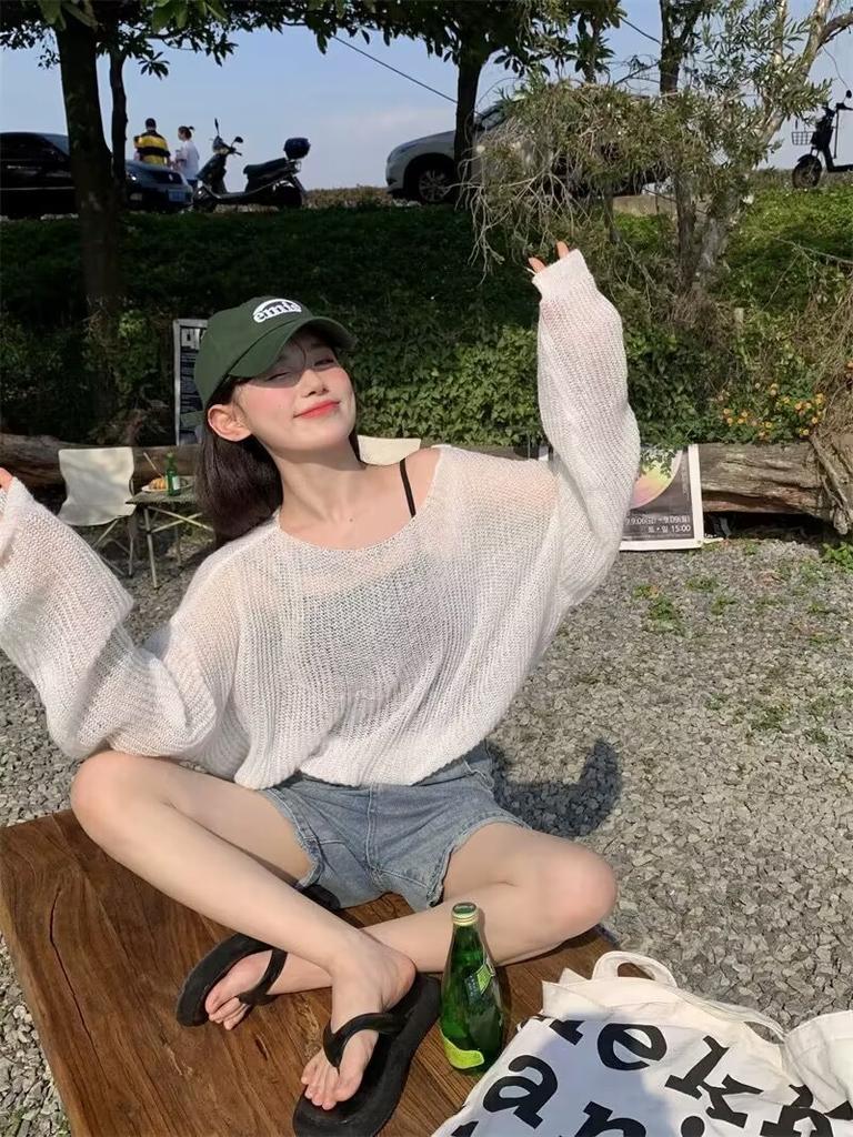 Loose Long Sleeve Hollow Thin Knitted Sun  Blouse Top For Women