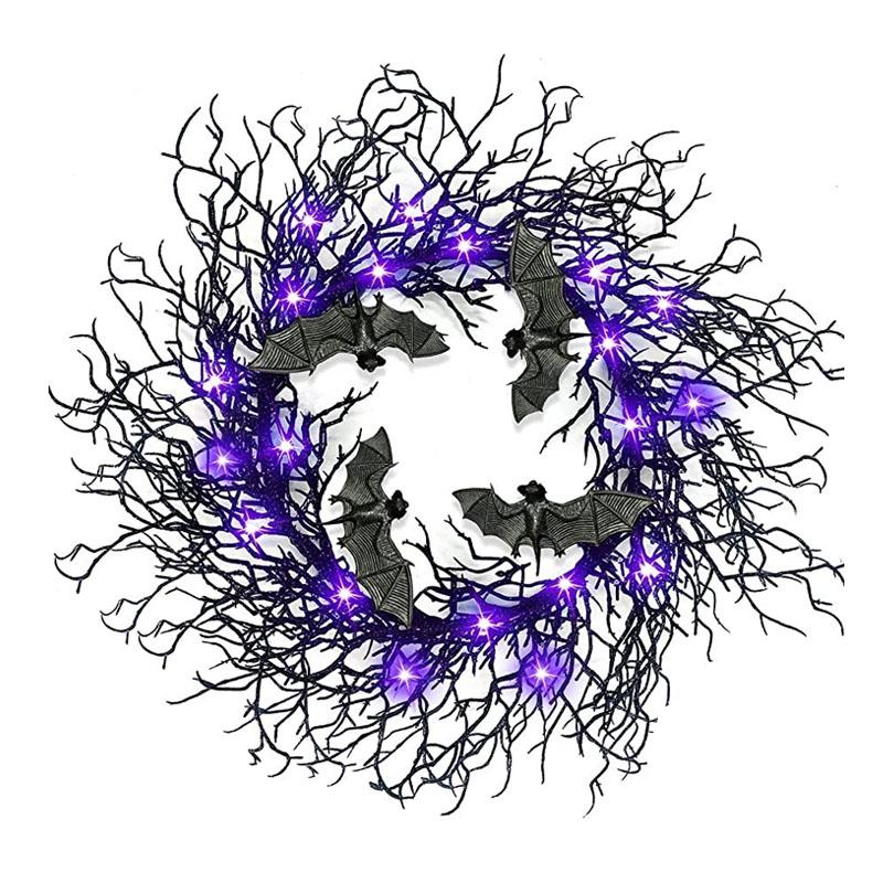 Dekoracja Halloween Wieniec Nietoperz Pająk Czarne Gałęzie Wieńce Z Czerwonym Fioletowym Światłem LED Wieniec Na Drzwi Okno Girlanda Kwiatowa