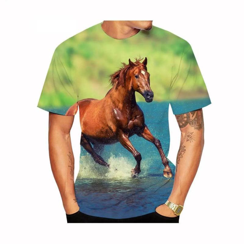 Summer Round Neck 3D Horse Pattern Print Top Fashionable Casual Short Sleeved Men's T-shirts