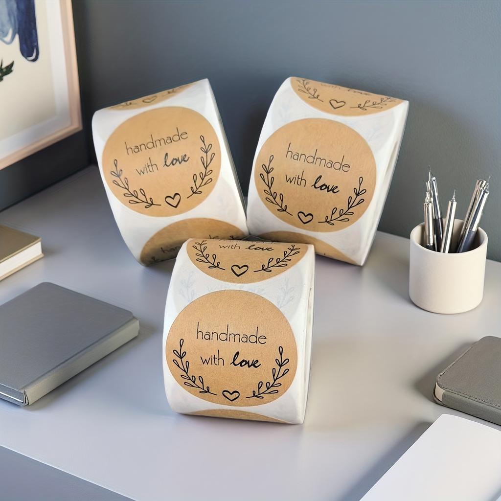 500pcs Handmade Kraft Paper Stickers - 3.81cm X 3.81cm Round Labels with "Handmade with Love" Design, Heart & Floral Patterns