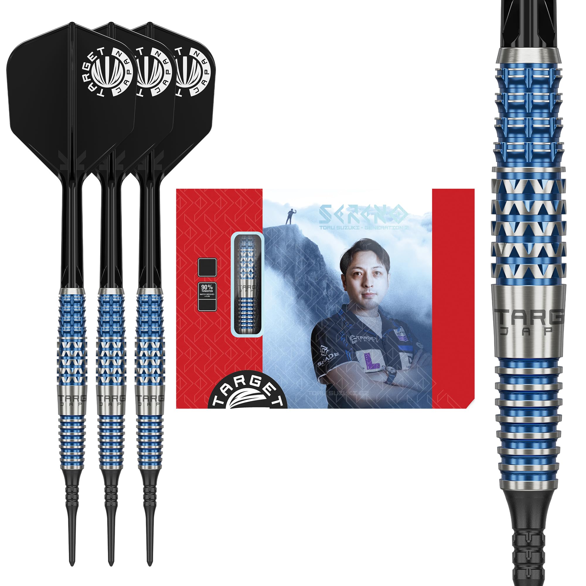 

Target Japan SERENO GEN2 Toru Suzuki Tungsten 2BA Soft Tip Darts with 6 Shape Flights and 90% K-Flex Set, 20g, K-Flex No. Shafts. синий