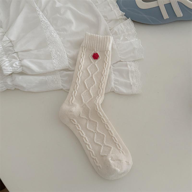 Female Autumn and Winter Thickened Warm Solid Color Button Sweet Hemp Pattern Wool Tube Pile Socks