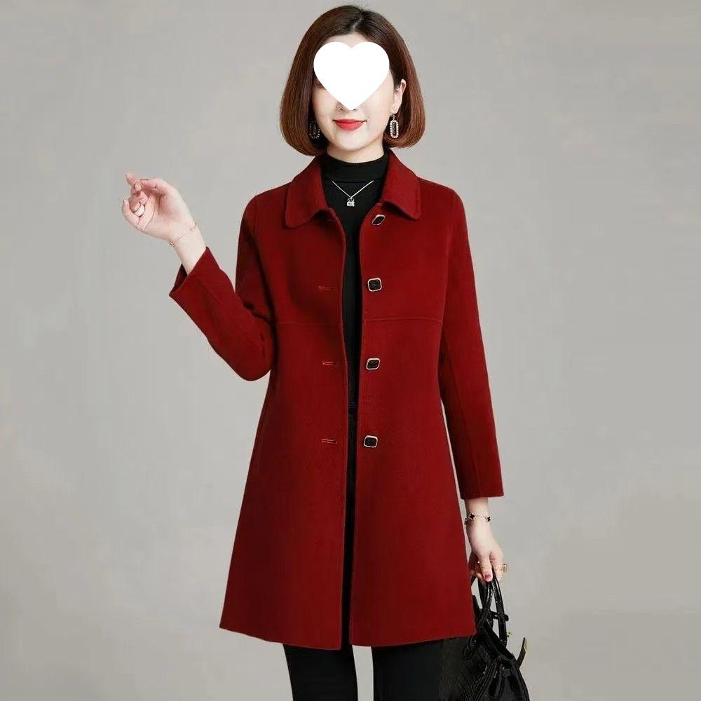 

2025 Red Woolen Mid-Length Coat – Thick, Stylish, Autumn/Winter Korean-Inspired Mother s Jacket M for 90-105 lbs