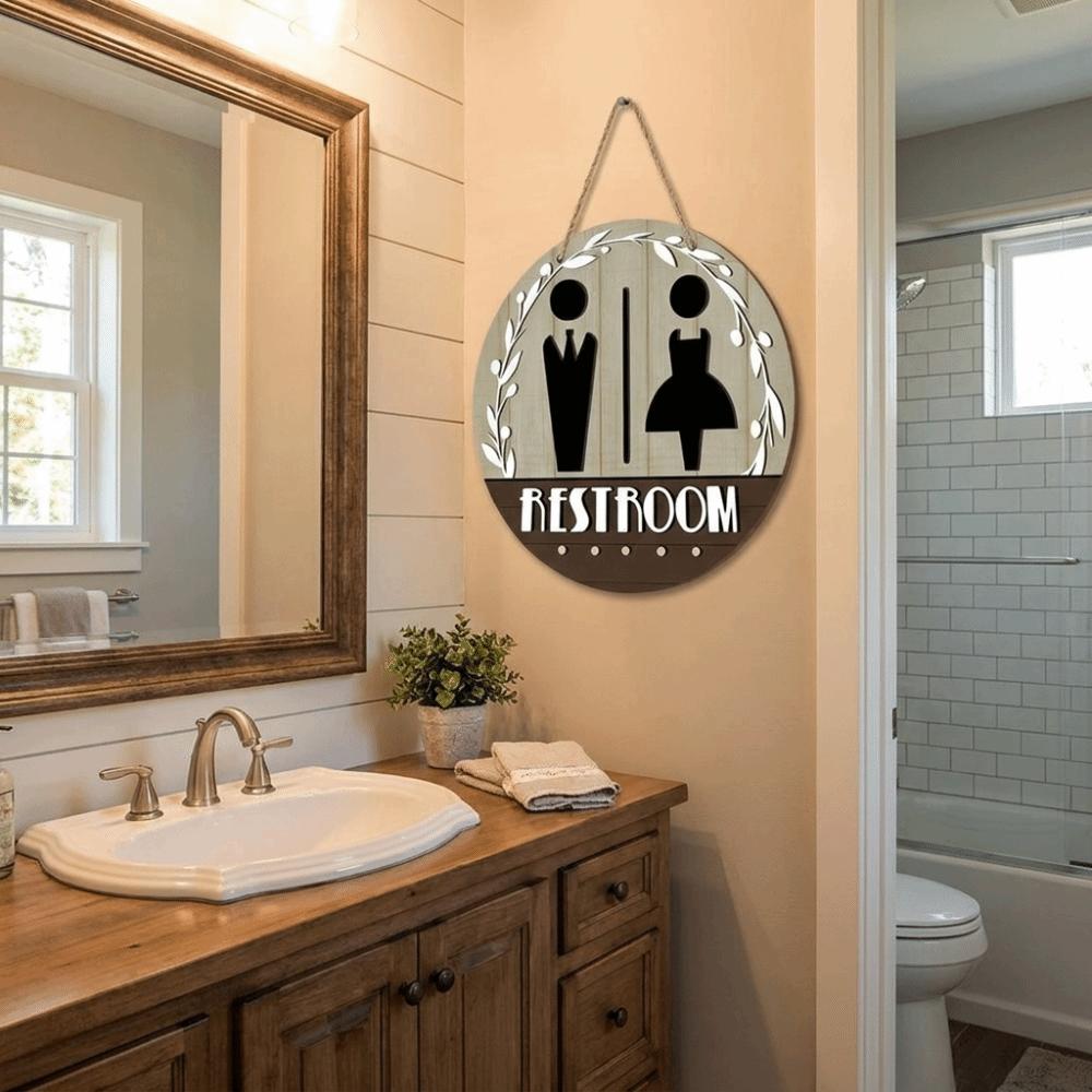 Cute Wooden Bathroom Sign Plate Ornament Hanging Wall Art Sign Retro Farmhouse Plaque Toilet Decorative Plate Dormitory