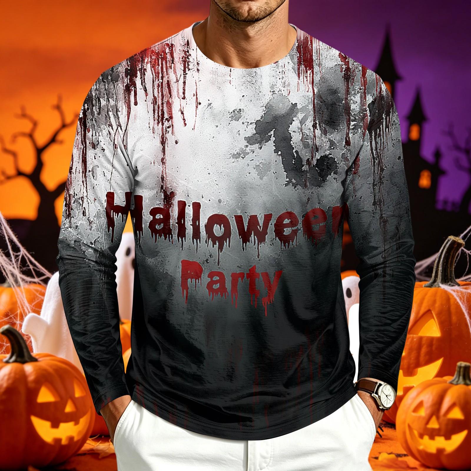 Men s Casual Long Sleeve Halloween Printed T-Shirt for Everyday Wear L