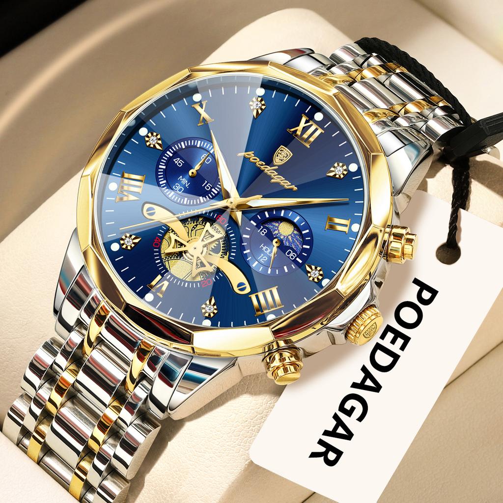 POEDAGAR Original Luxus Herrenuhr Wasserdicht Leuchtend Chronograph Armbanduhr Edelstahl Quarzuhren für Mann Reloj